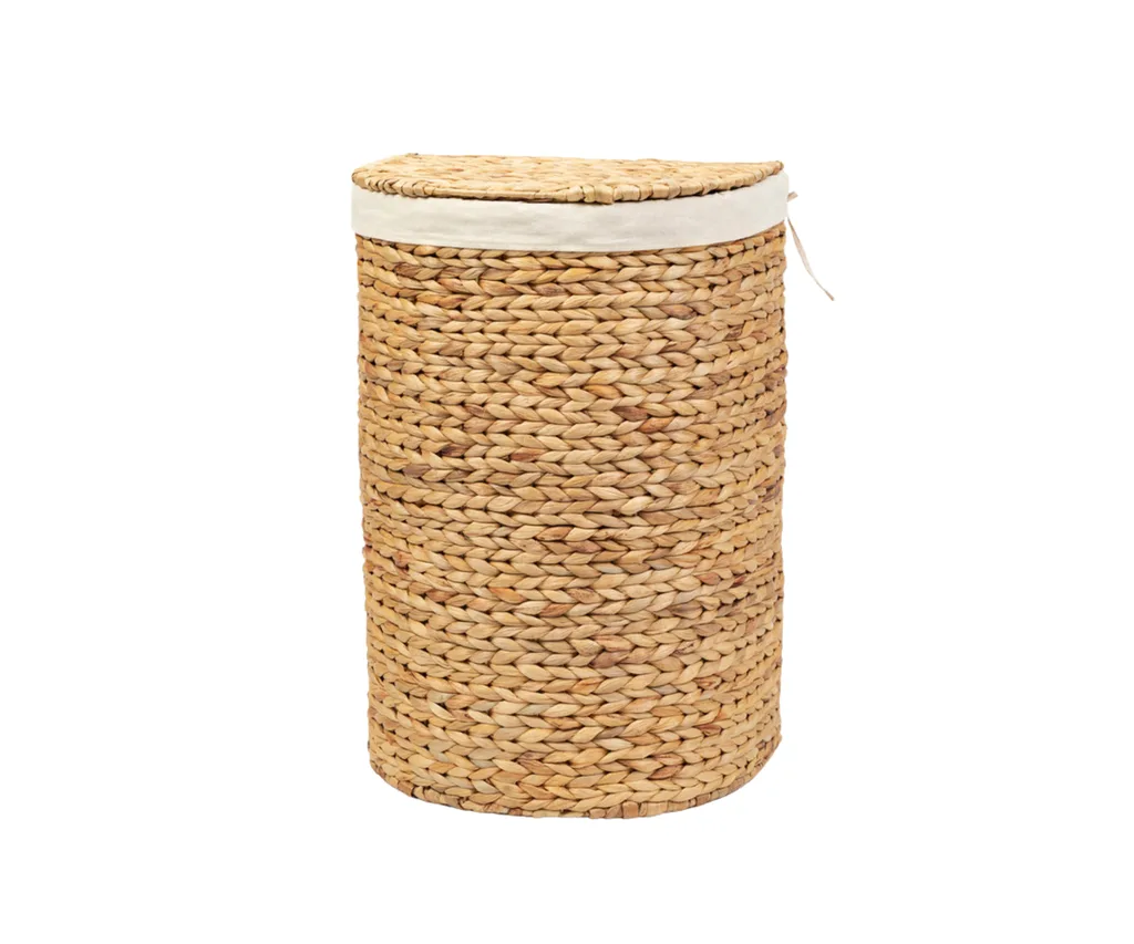 A rattan laundry basket