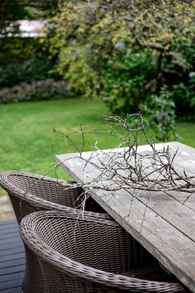An outdoor table in a green garden