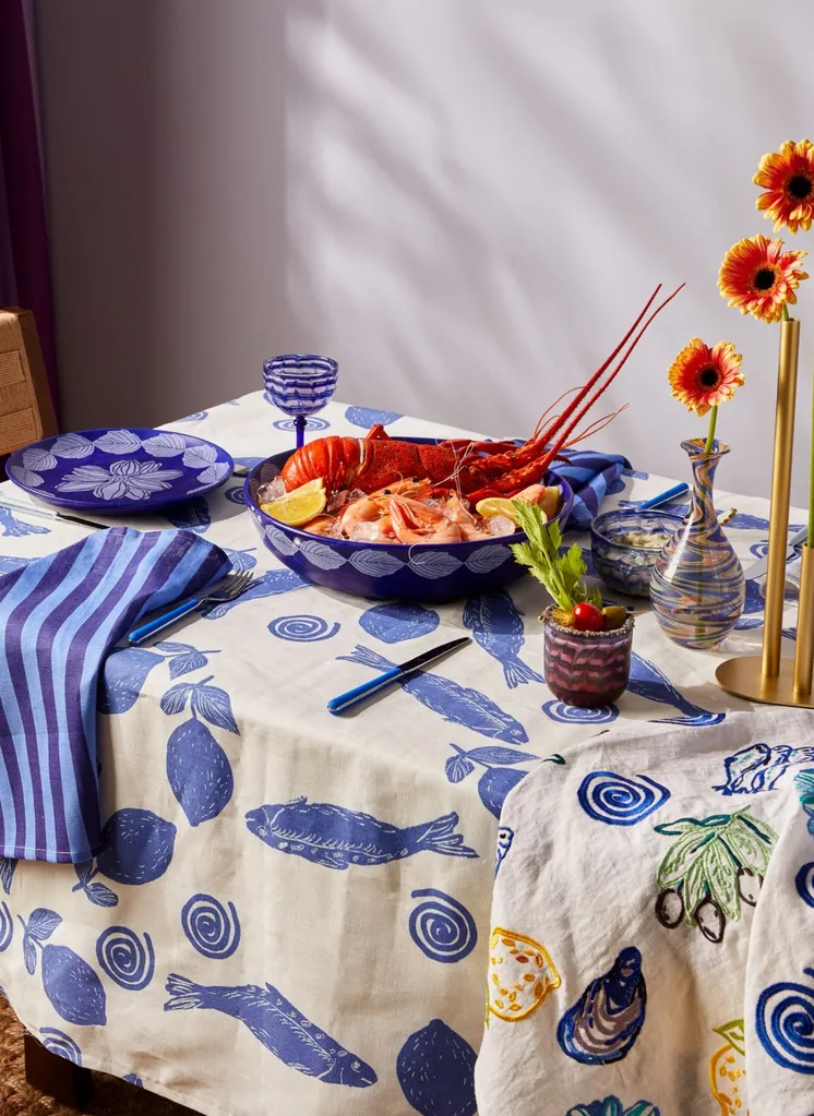 A blue and white tablescape with pieces from Bonnie and Neil
