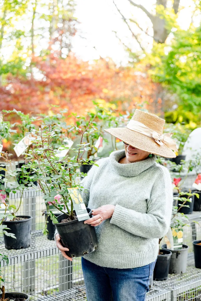 A woman holding a potted plant