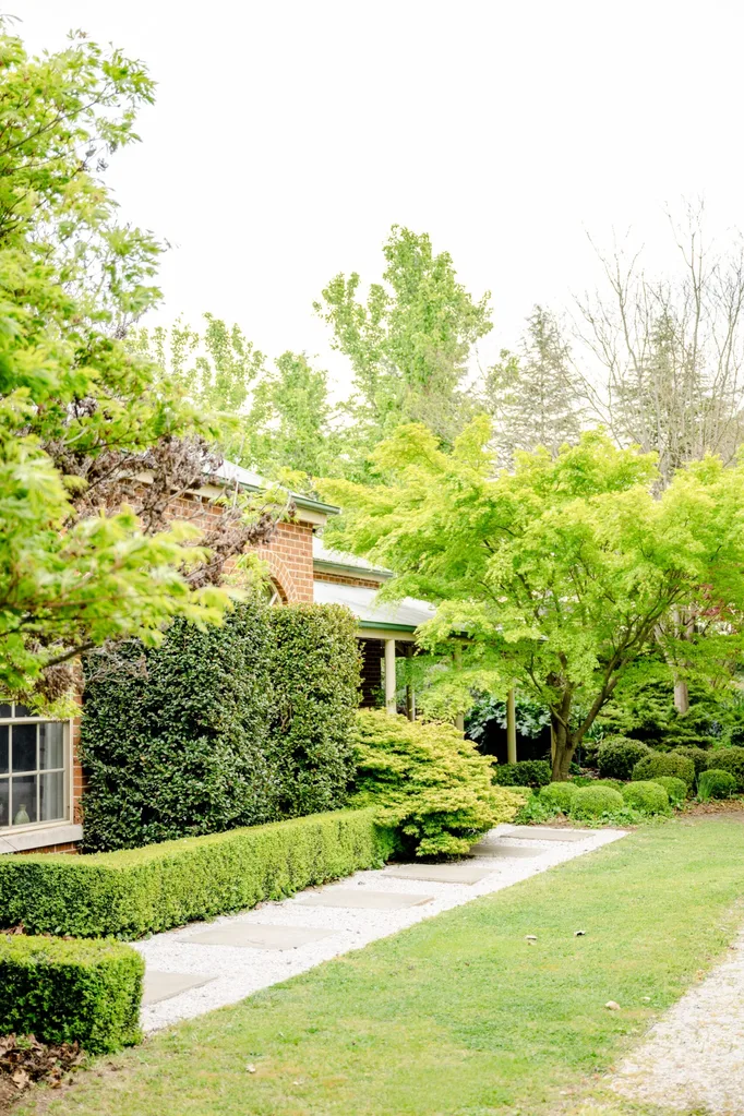 A red brick home surrounded by verdant greenery and trees