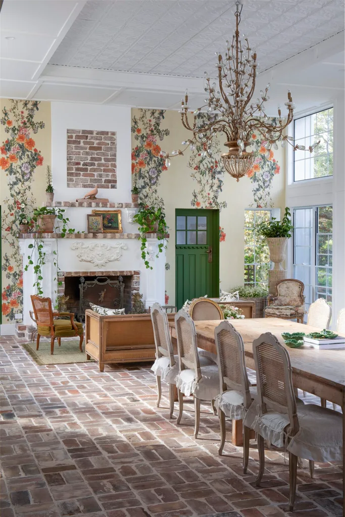Garden room featuring a Chinoiserie wallpaper mural, antique furniture, and a vintage chandelier