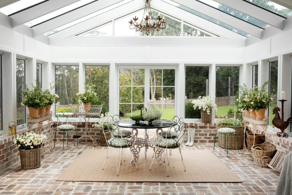 A sunroom with outdoor furniture and pot plants