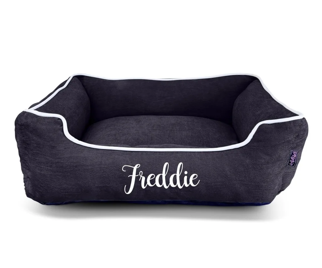 personalised dog bed from etsy with corduroy fabric