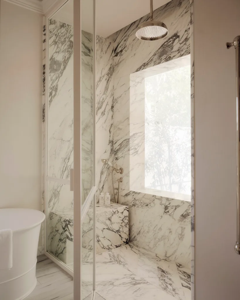 The marble shower in Dina Broadhurst's Sydney home