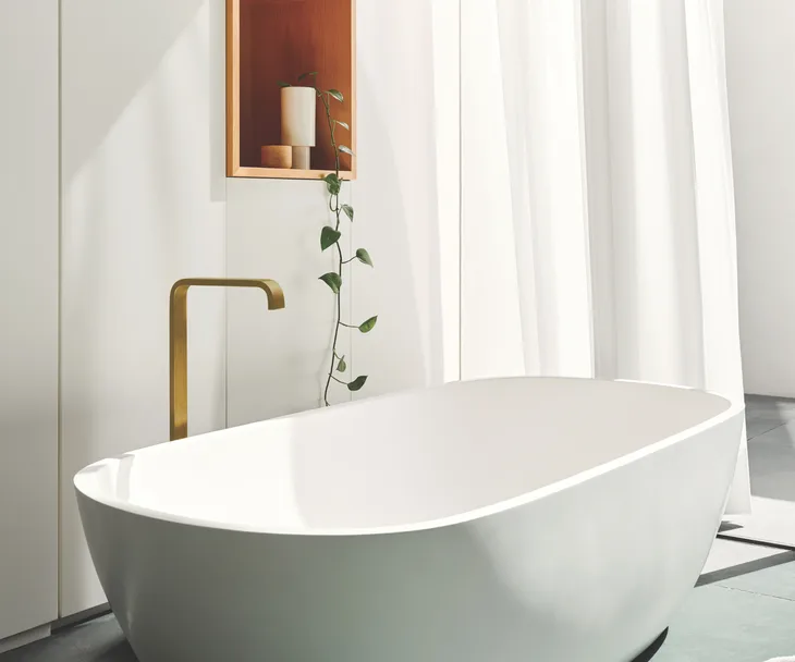 white bath tub and gold faucet
