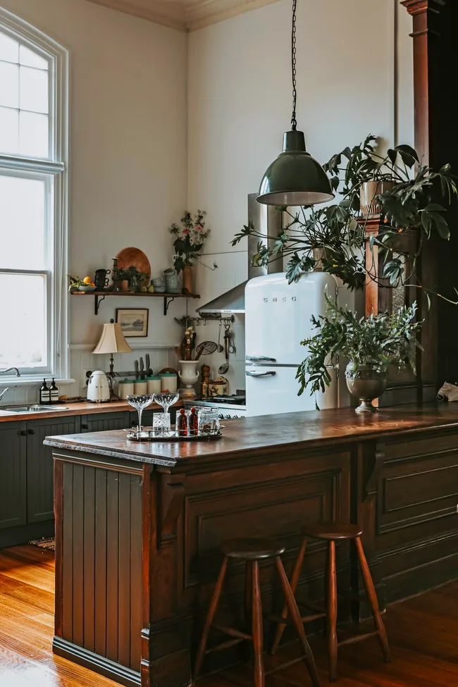 A country kitchen with timber cabinetry and indoor plants