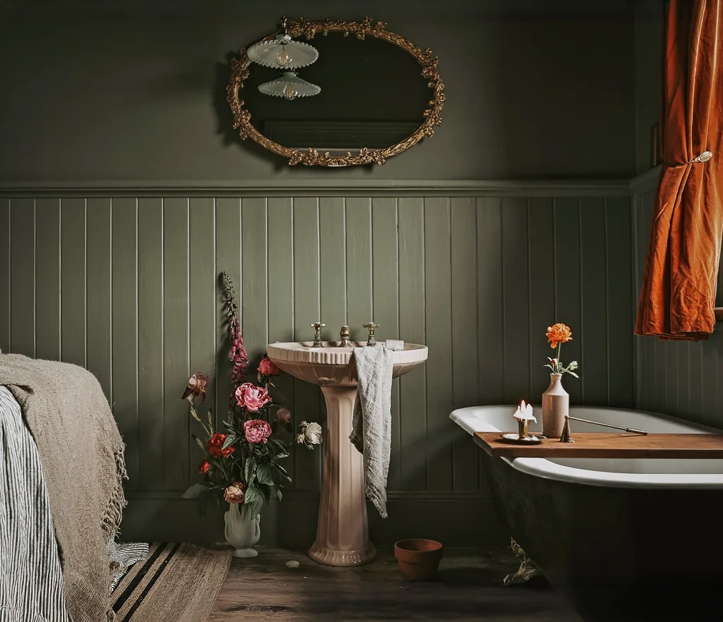 A bathroom area with a claw foot tub