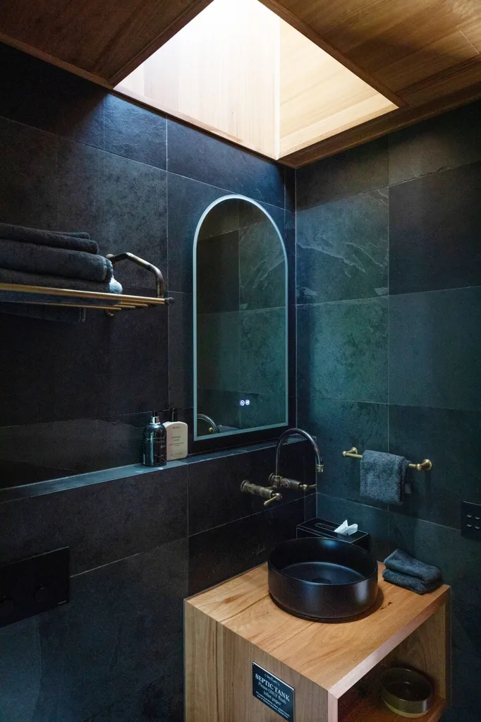 A blue bathroom with a skylight