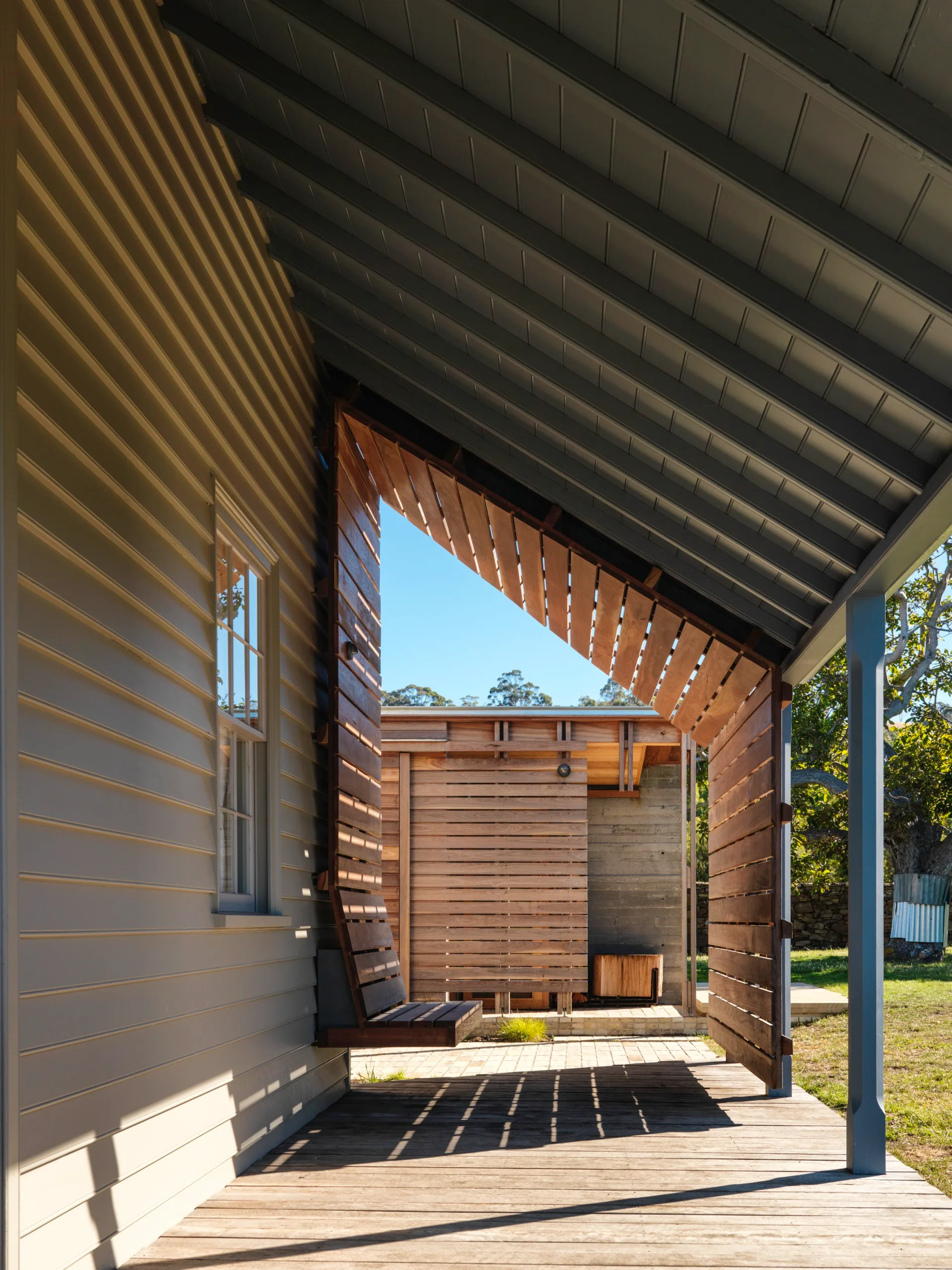 A timber verandah with a built-in seat