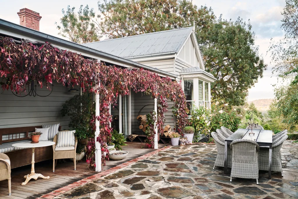 An alfresco dining space with crazy paving