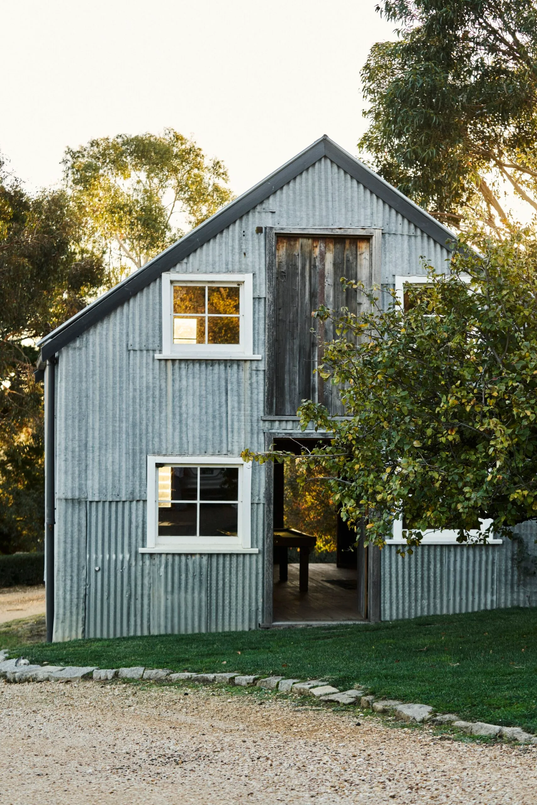A shed clad in corrugated metal sheets