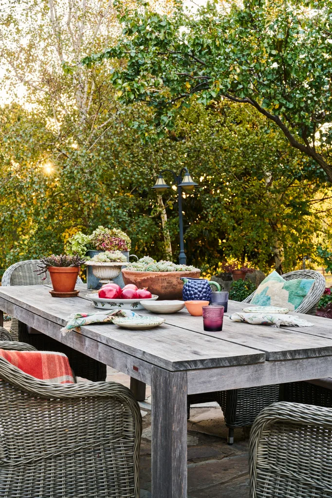 An outdoor dining table surrounded by trees