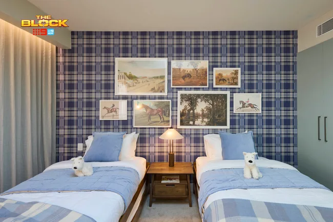 Sonny and Alicia's country-style kids bedroom with blue plaid wallpaper and a gallery wall