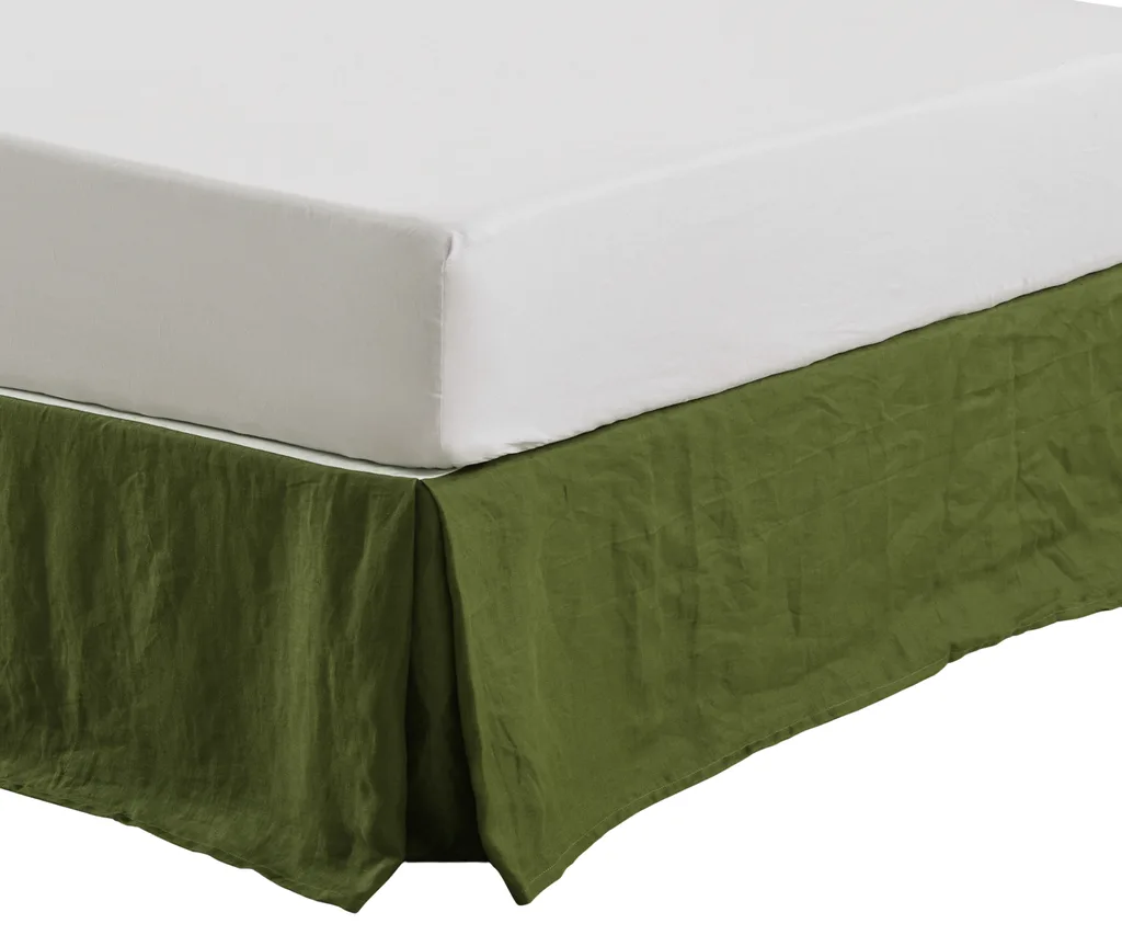 A green linen bed skirt