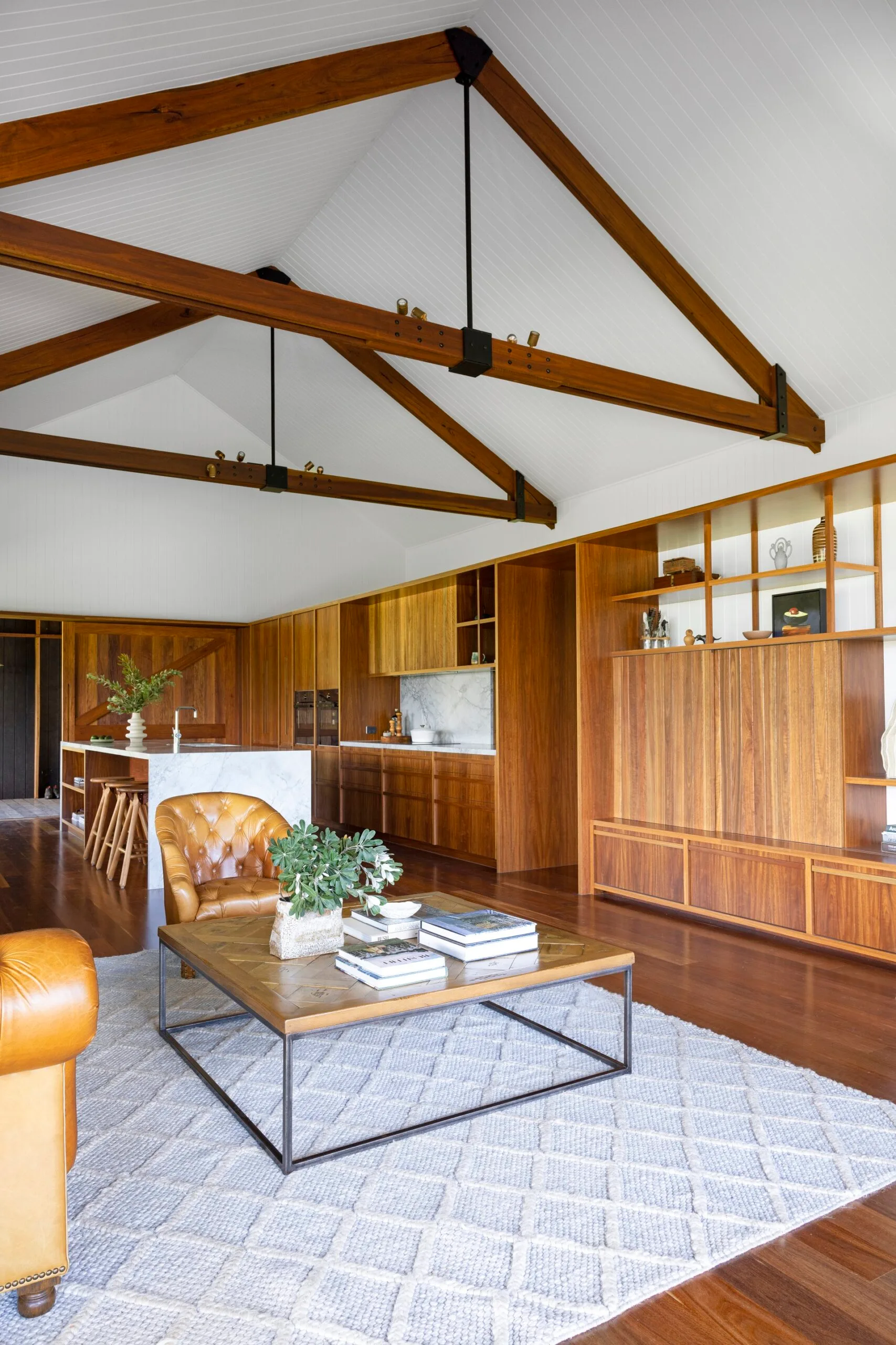 Lounge room with exposed roof beams