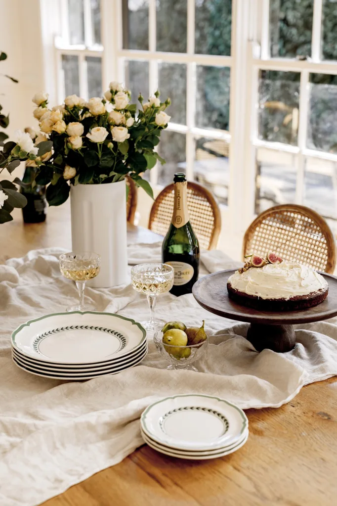 Afternoon tea with champagne, cake and figs