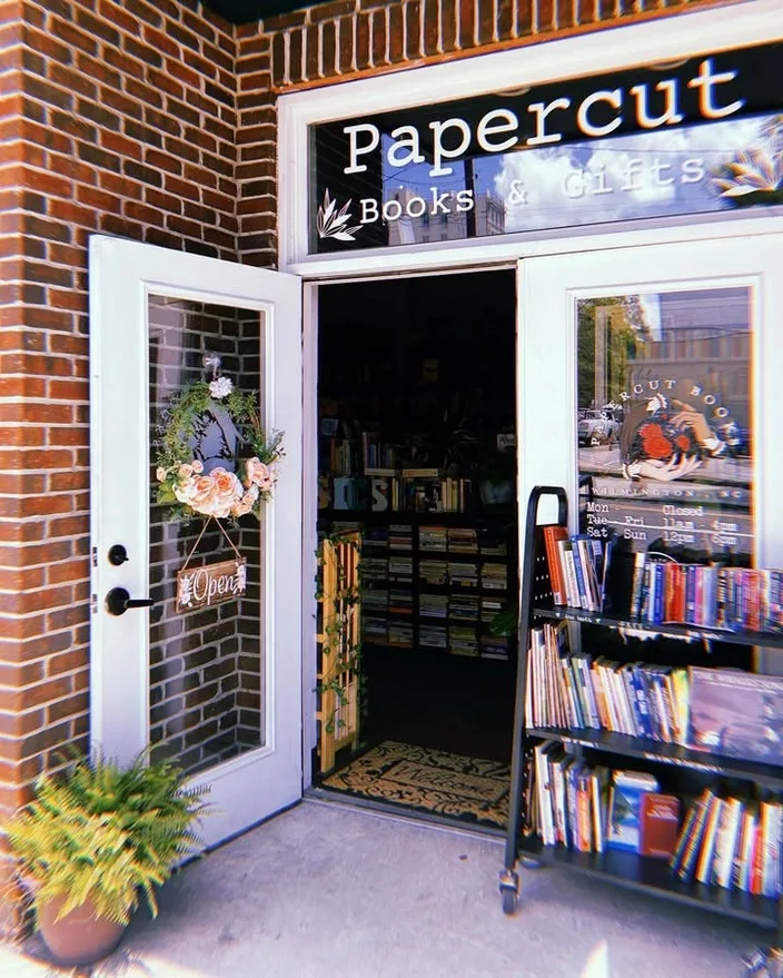 The red brick frontage of Papercut book shop in Wilmington