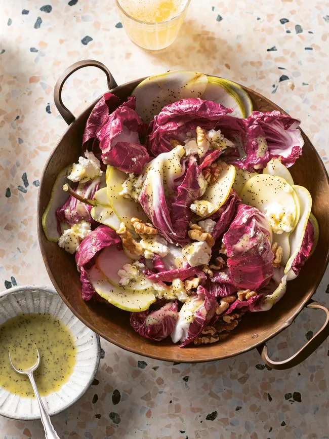 A bowl of radicchio, pear and goat's feta salad