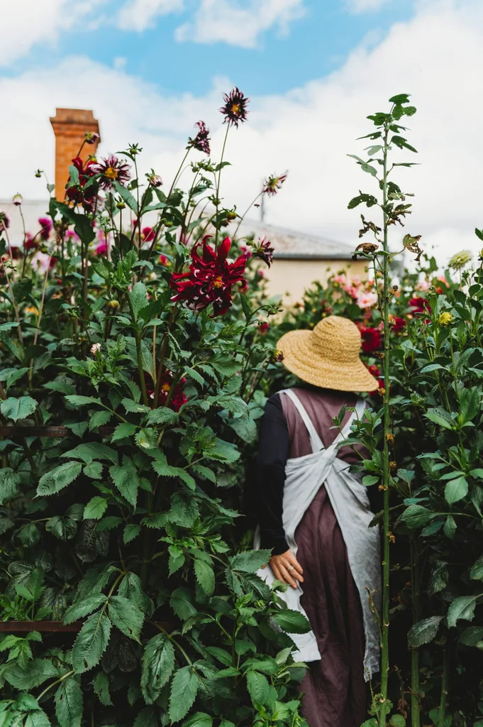 Suzy walking through her flourishing flower garden