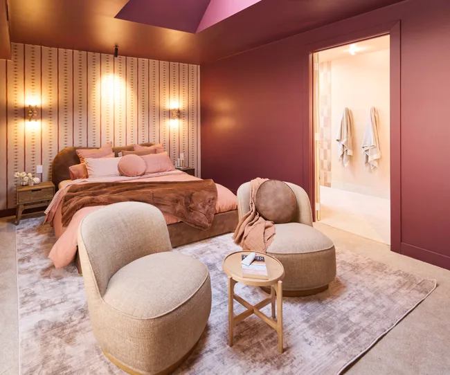 Sonny and Alicia's mauve colour-drenched guest suite on The Block