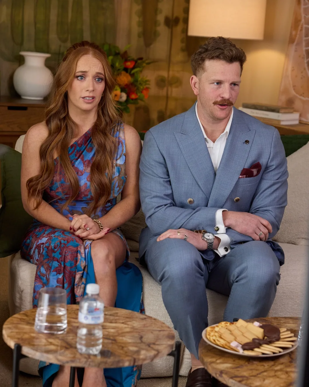 Emma and Ben in the auction suite during The Block 2025 as they learn about their results. 