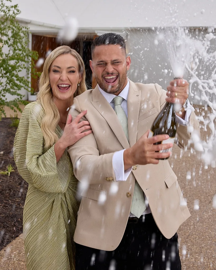 Britt and Taz celebrating their win outside The Block 2025 auction.