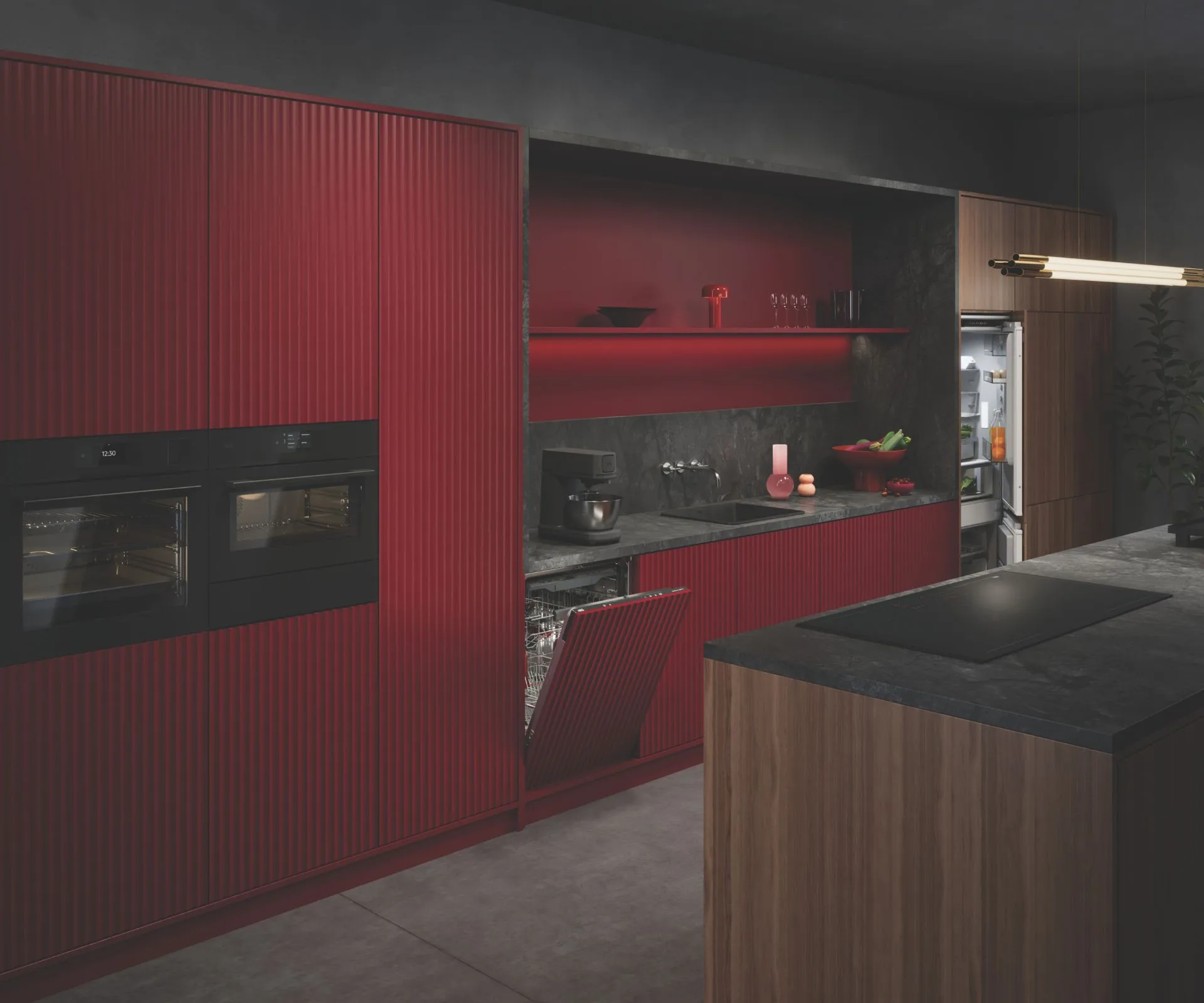AEG appliances in red modern kitchen