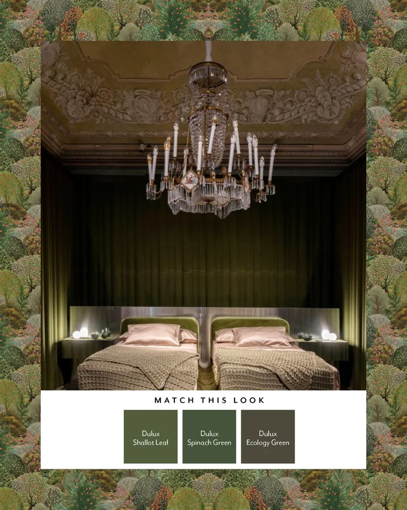A collage image of an ornate bedroom with detailed ceiling, twin beds wrapped in heavy green velvet curtains and bedlinen.