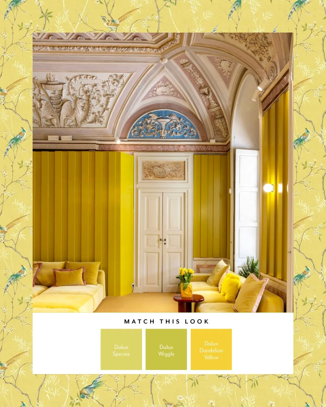 Room at the Marie Claire Maison installation at Milan Design Week 2025 featured yellow panelled walls, and ornate domed ceiling and yellow velvet furniture. 