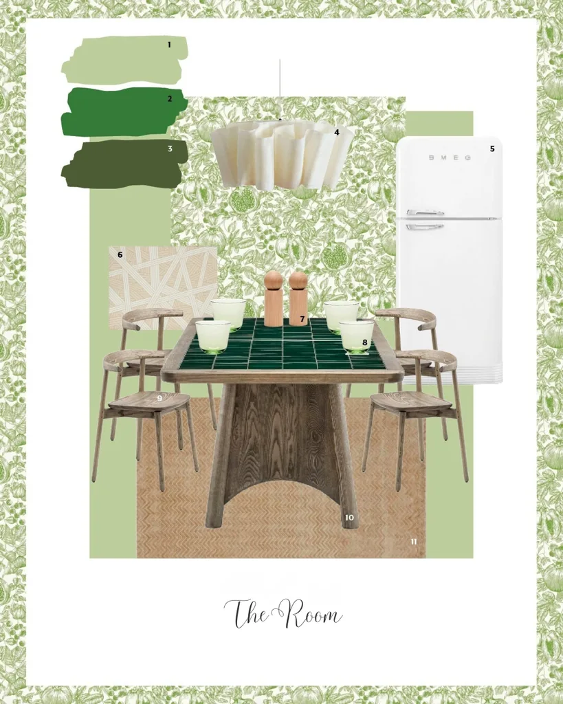 A dining room materials and furnishings moodboard.