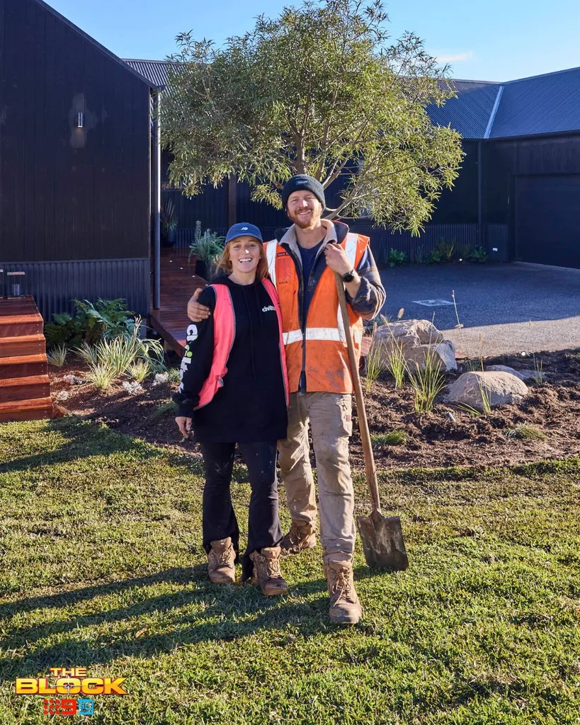 Emma and Block outside their completed home on the last week of The Block 2025.