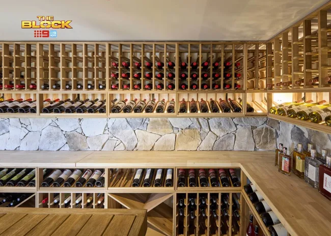 Emma and Ben's timber and stone wine cellar on The Block