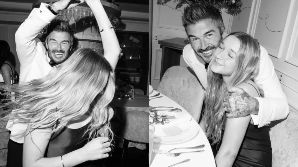 Harper Beckham and David Beckham dancing and hugging at his 50th birthday