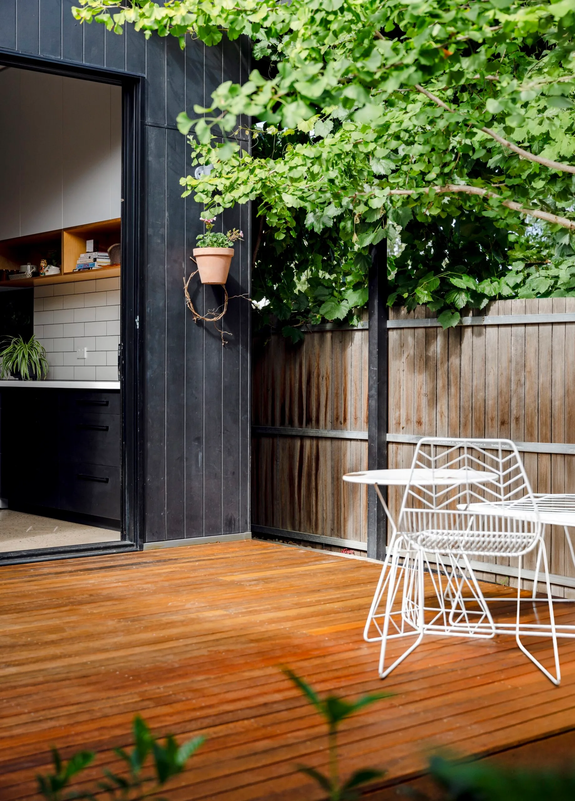 A timber deck shaded by a tree