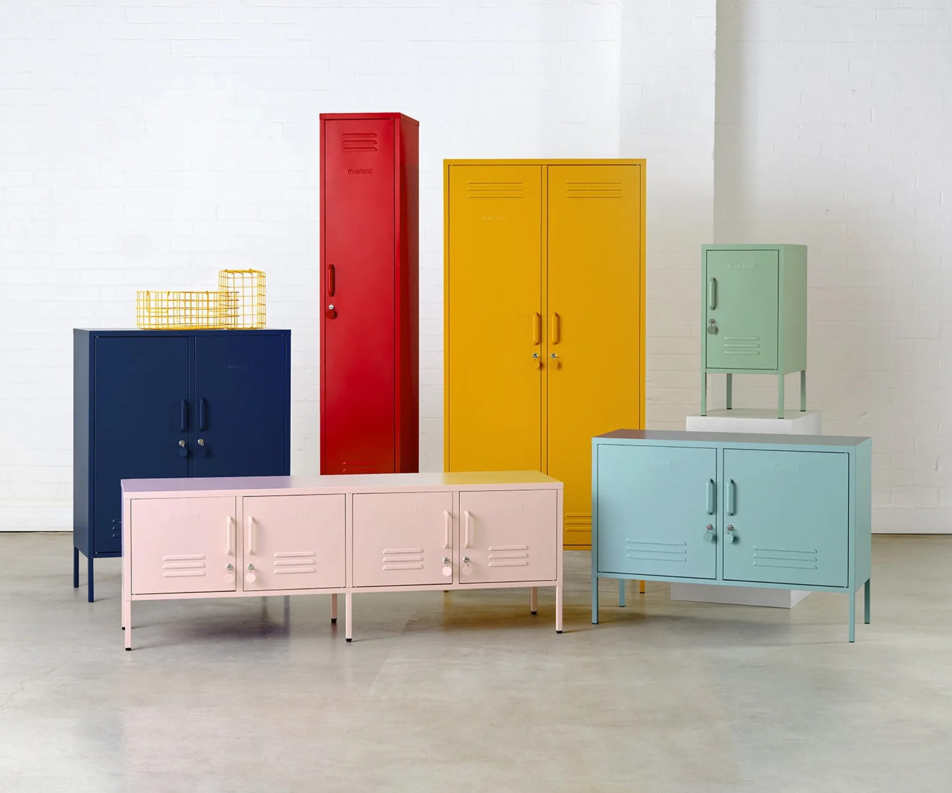 A collection of colourful storage lockers from Mustard Made