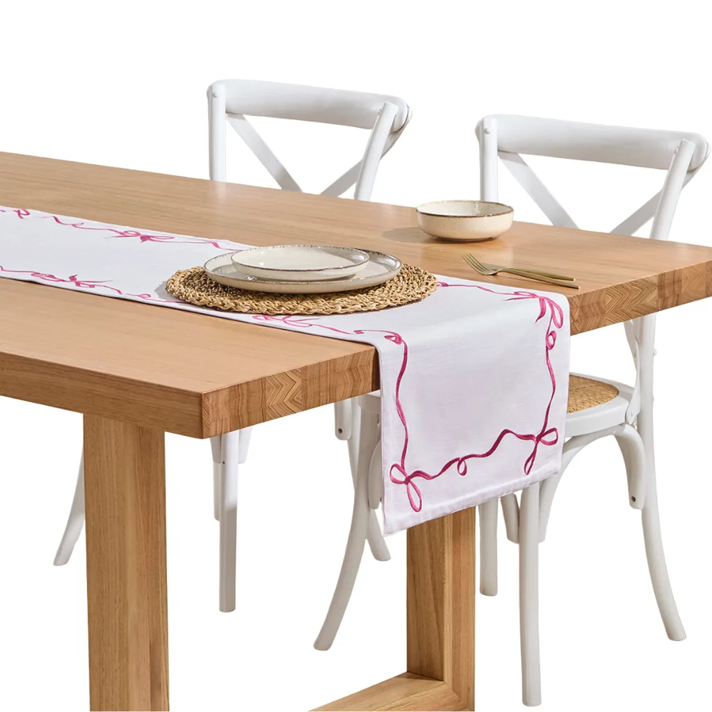 Aubrey Bow Pink Embroidered Table Runner