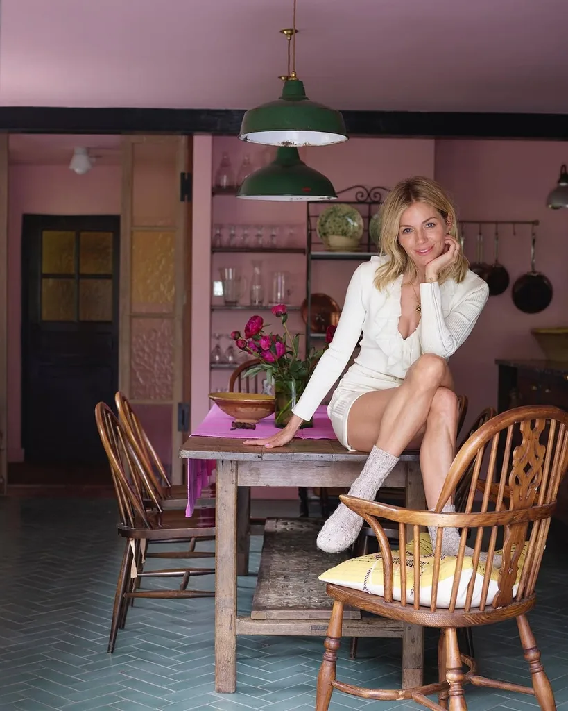Sienna Miller architectural digest home tour pink kitchen.