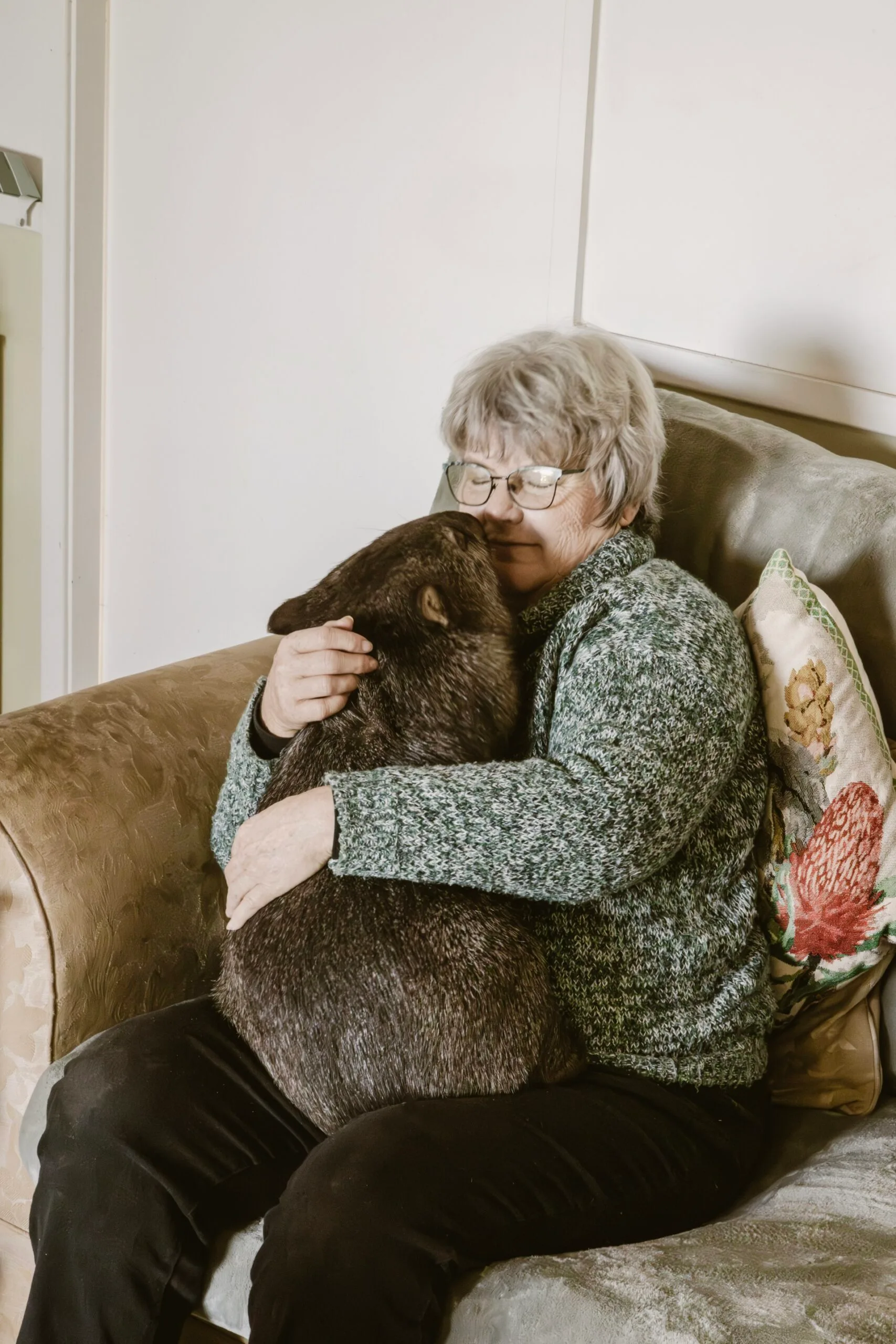 Wildlife rescuer Judy with a wombat
