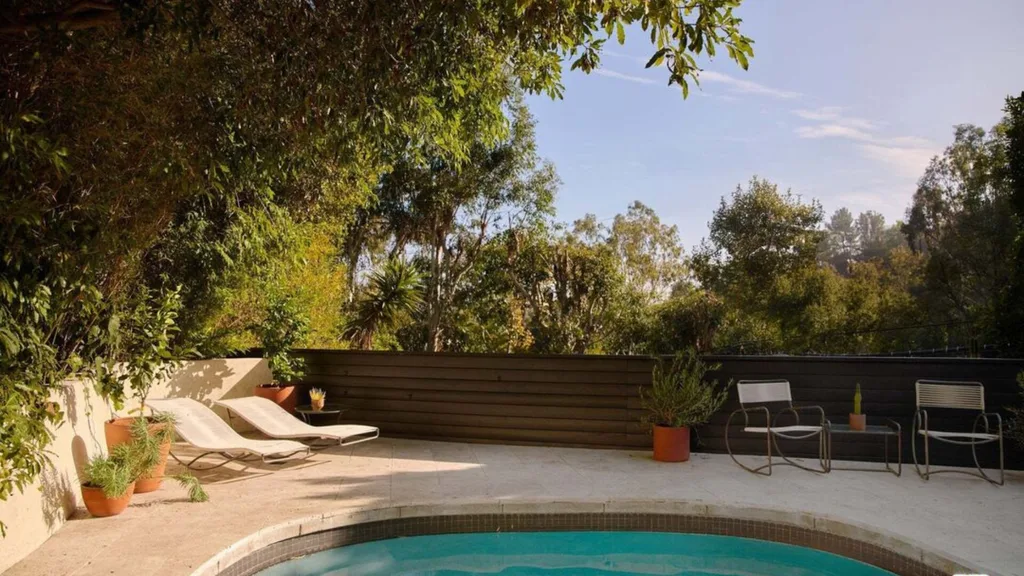 A pool surrounded by greenery and two pool chairs
