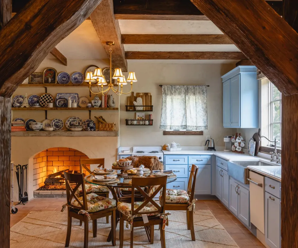 A cottage dining room with a timber round table and chairs, a blue kitchen, brick fireplace and book shelf.