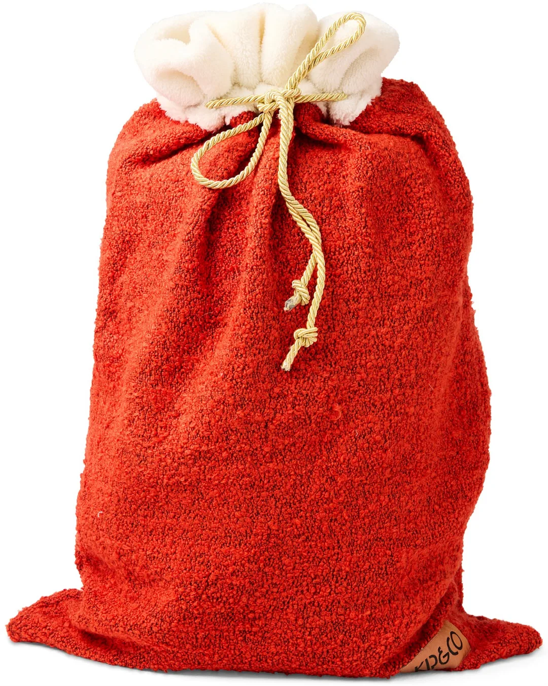 A red boule Christmas Santa sack with cream trimmings and golden rope