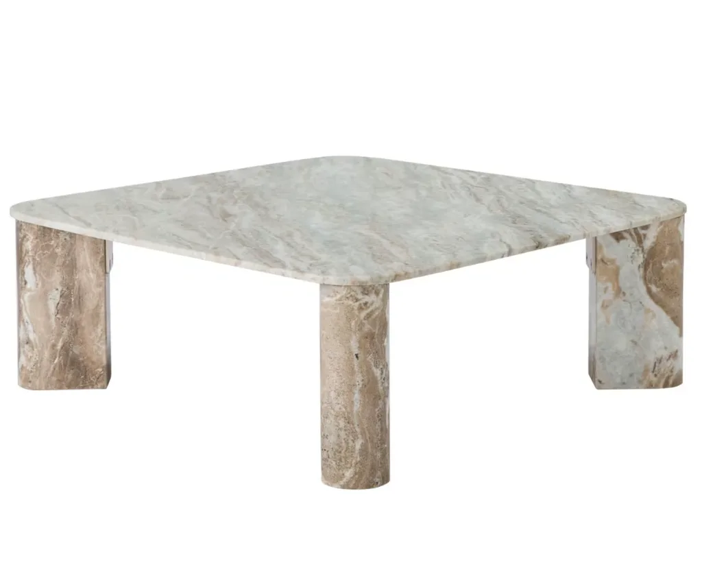 A beige and grey marble coffee table with four legs and square tabletop