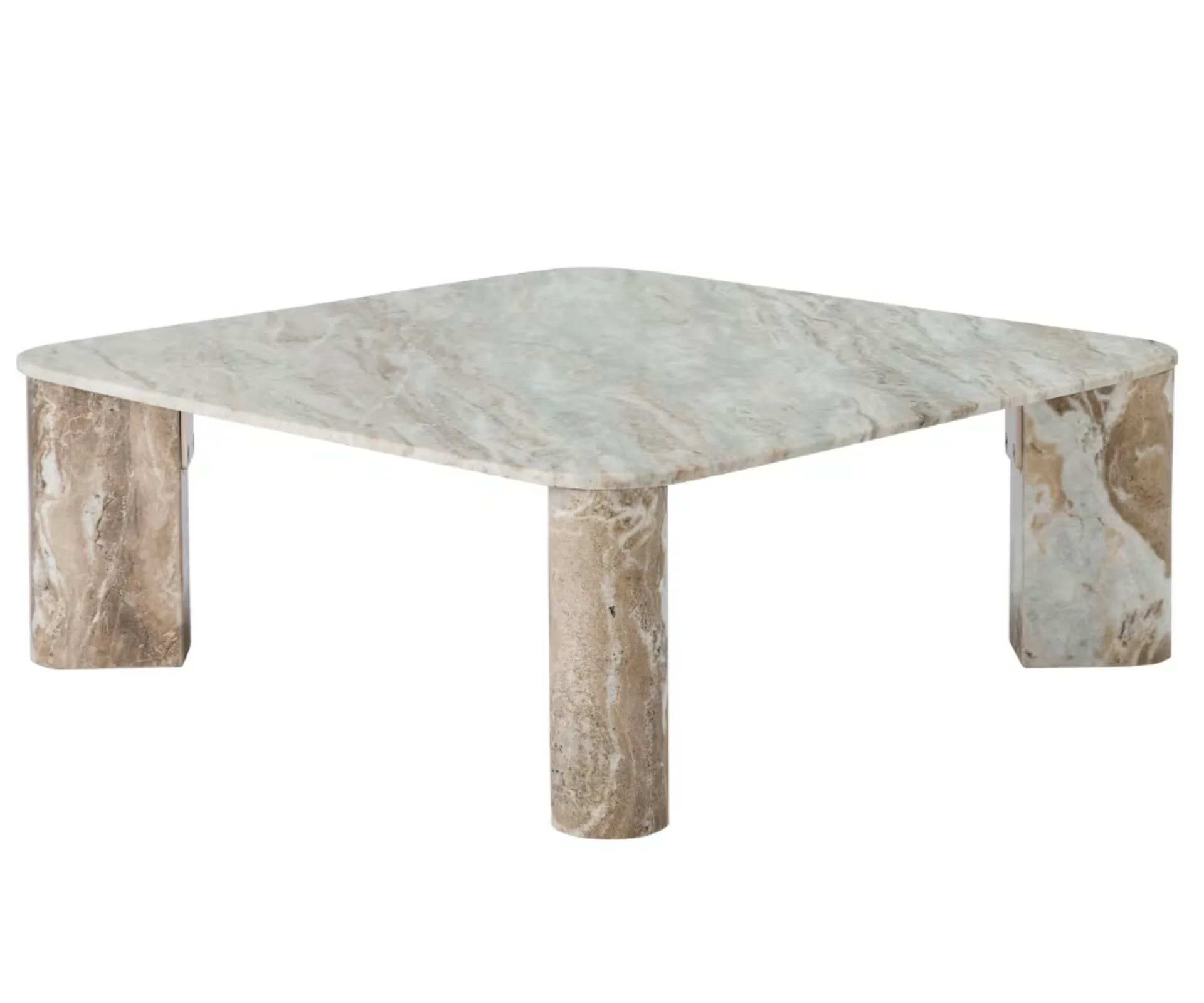 A beige and grey marble coffee table with four legs and square tabletop 