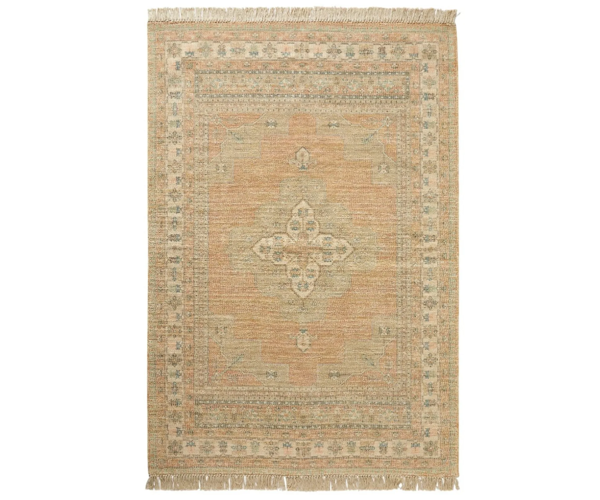 A burnt orange Persian rug  with fringe 