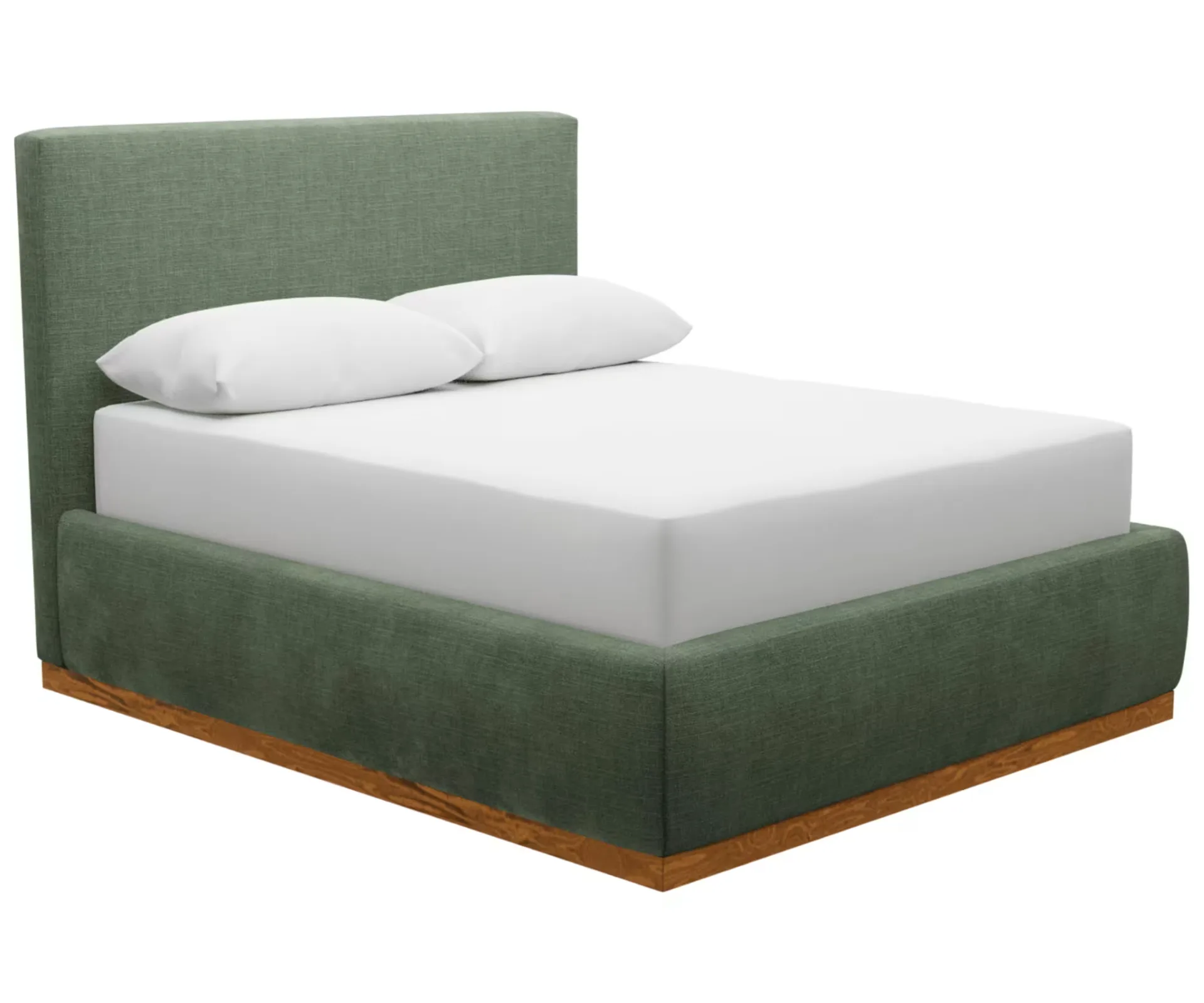 A green upholstered bed with a white mattress and two white pillow