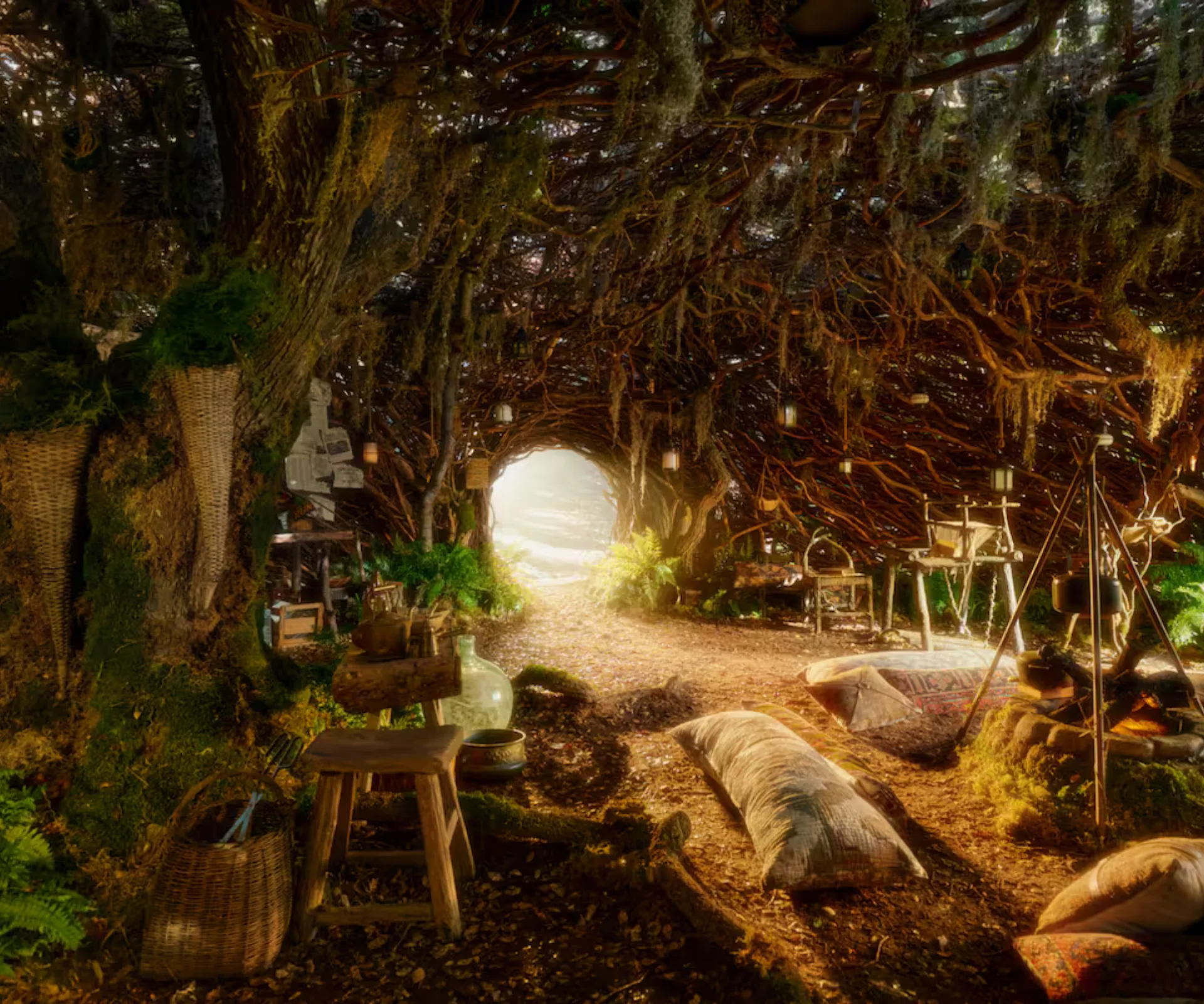 A room made from tree roots, with pillows on the floor, a fire with a pot brewing, timber joinery and greenery in the corners