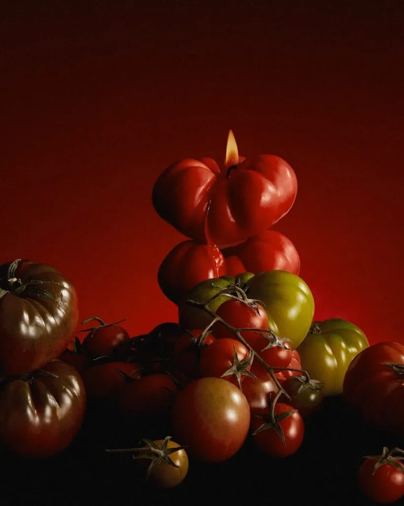 A red background with a bunch of green, purple and red tomato shaped candles