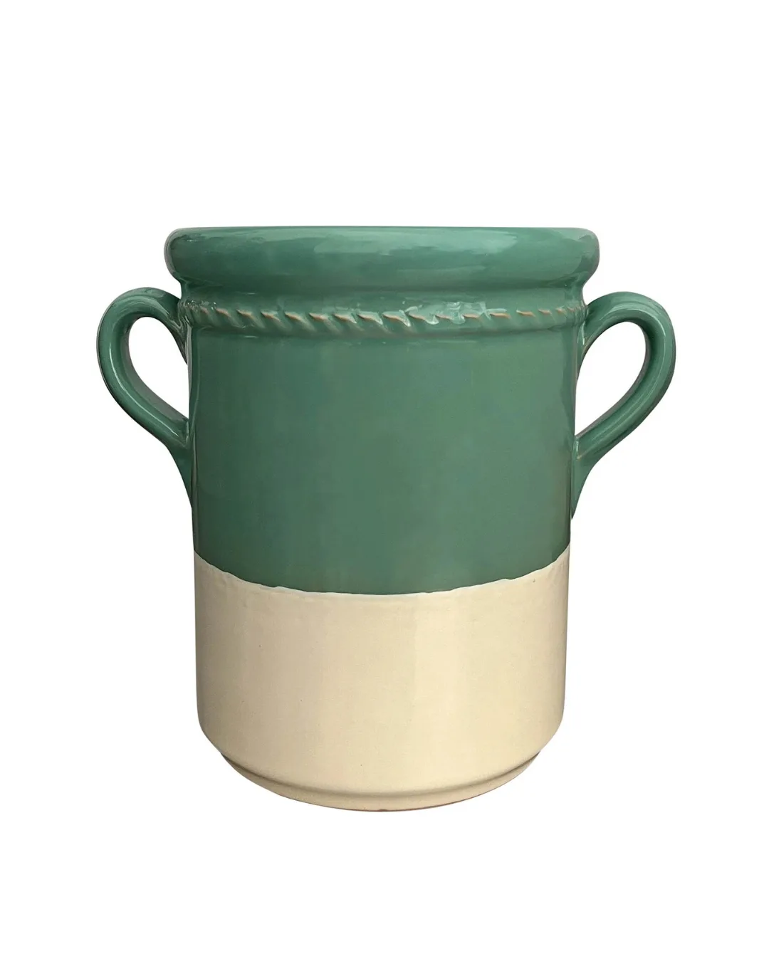 Half green, half cream ceramic with handles 