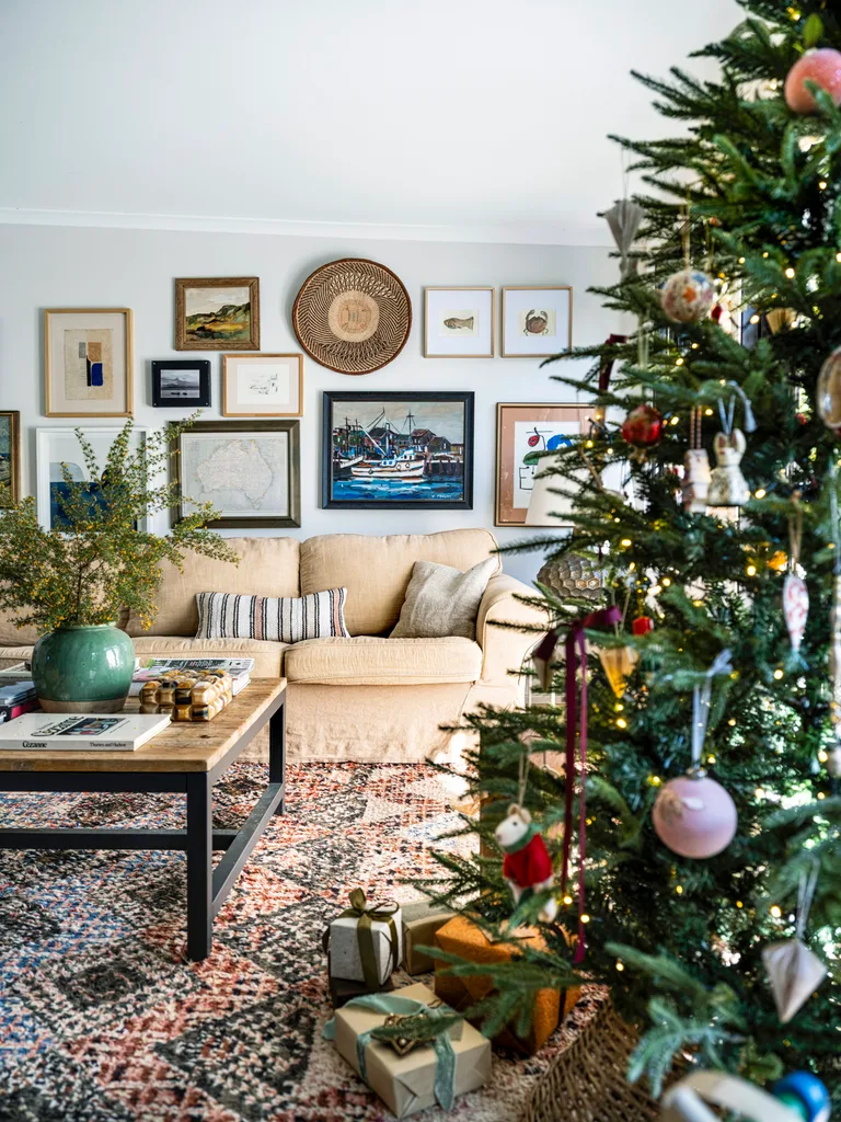 Christmas decorations in an eclectic living room
